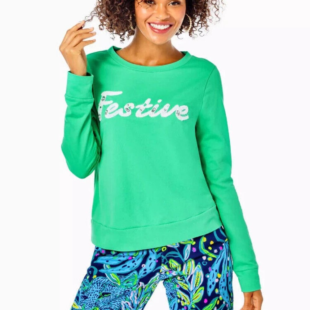 Lilly Pulitzer Rami Sweatshirt Tunic Top Graphic Pullover Beaded XS New